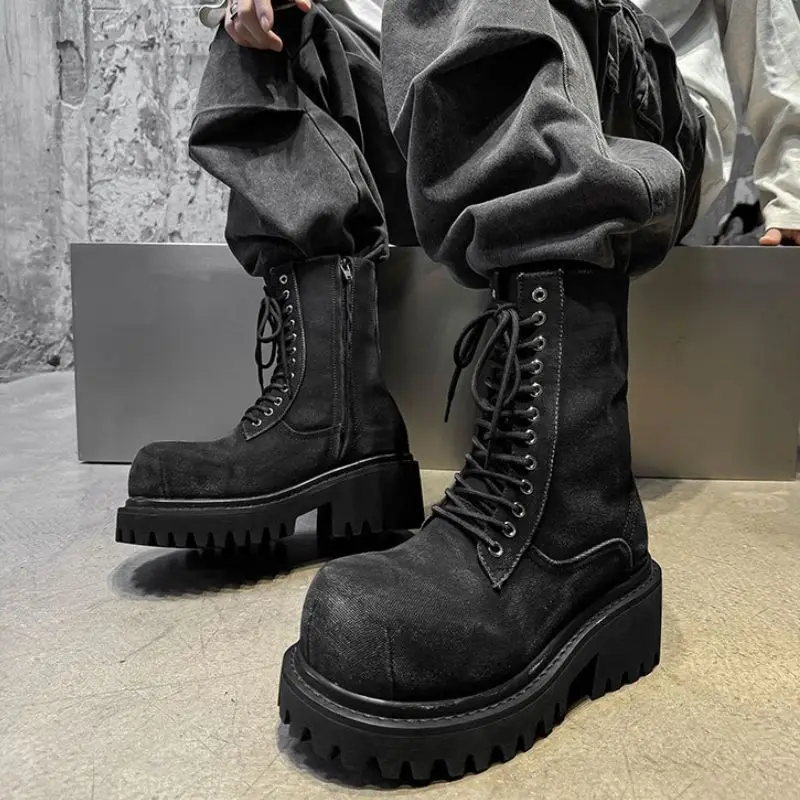 

Thick-soled Lace-up High Top Motorcycle Boots Men Comfortable and Casual Men's Denim Mid-calf Boots