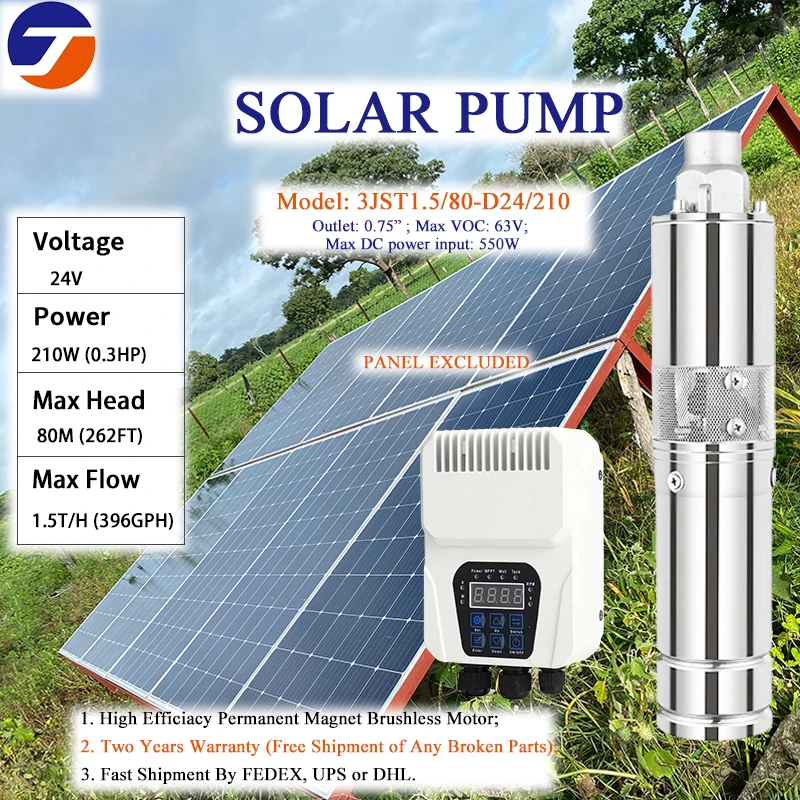 

Солнечный водяной насос постоянного тока 3 дюйма, глубокий скважин, погружной трехдюймовый винтовой рабочий насос SS304, 24 В, 48 В, 72 В, MPPT-контроллер, мини-бесщеточный двигатель