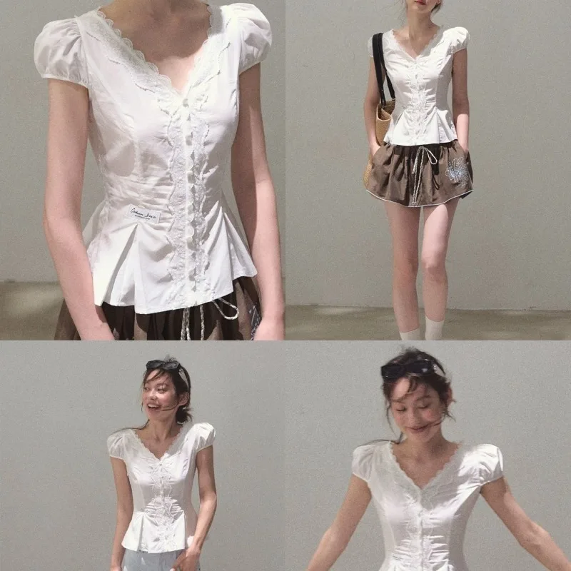 Harajuku Elegant Lace V-neck Girly Shirt Women French Vintage Waist Slim Design Shirt Tops Solid Chic Short Sleeve Clothes 2025