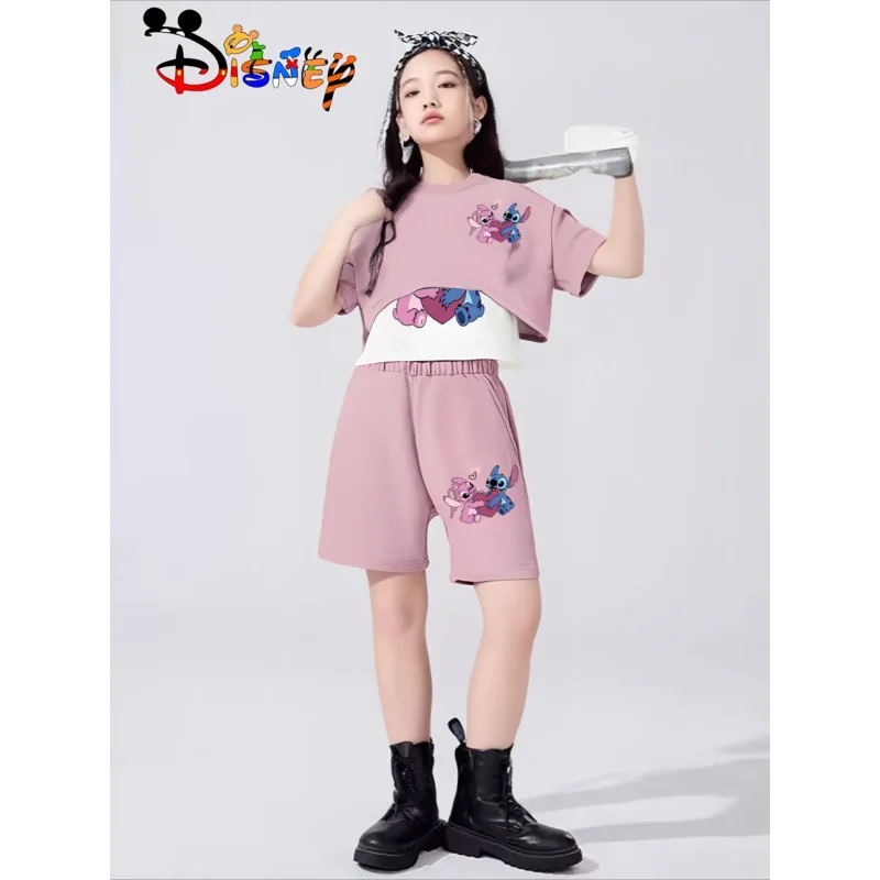 3 Potong Set Musim Panas Anak Perempuan Kartun Disney Stitch dengan Tank Top dan Celana Pendek Bertali - Penting untuk Aktivitas Luar Ruangan