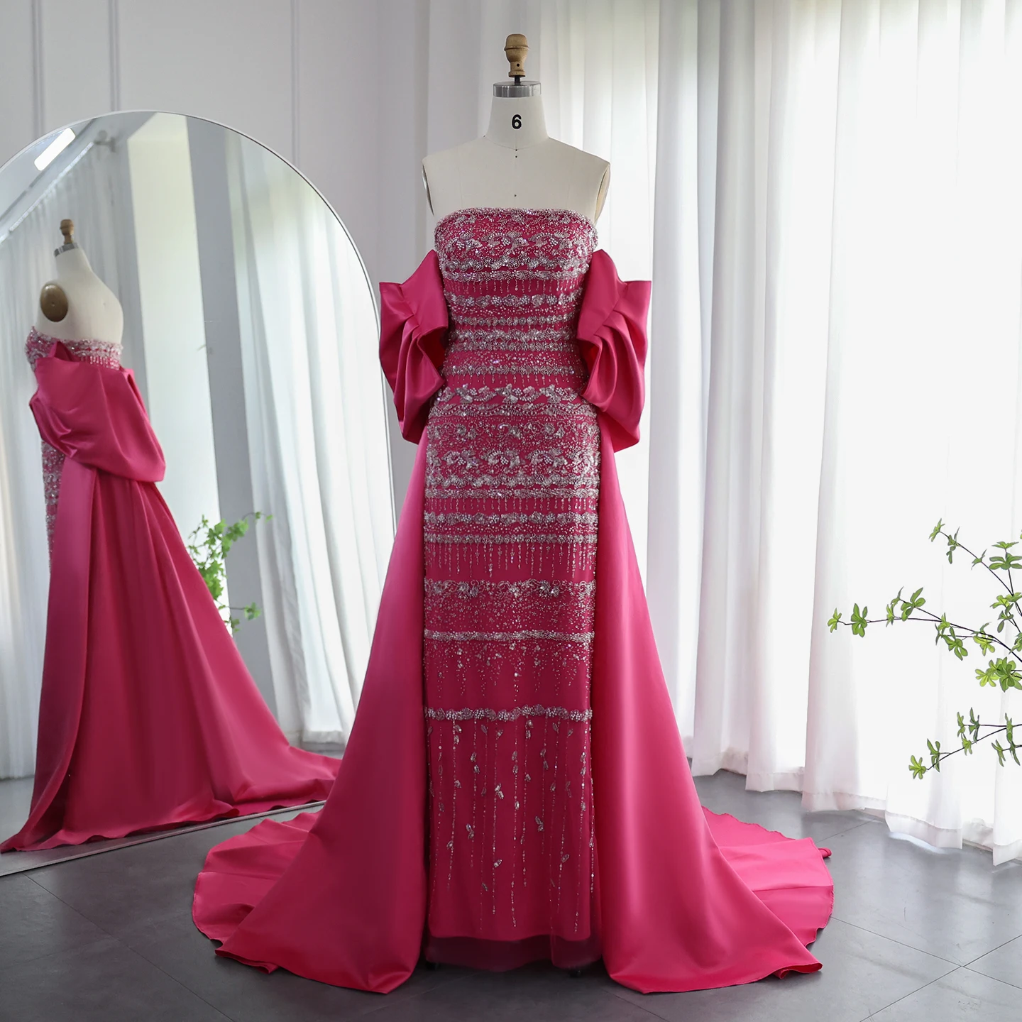 Sharon Said Luxuriöses Salbeigrünes Abendkleid Fliederblau Perlenbesetzt Fuchsia mit Cape für Damen Hochzeitsfeierkleid SS238 Maßanfertigung – Detail 16