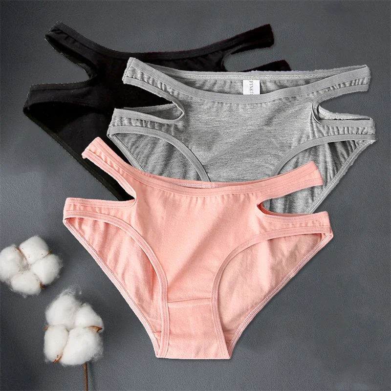 3Pcs Sexy Cotton Briefs S-XL Women\'s Cotton Panties Hollow Out Low-Rise Underpants Solid Color Underwear Comfortable