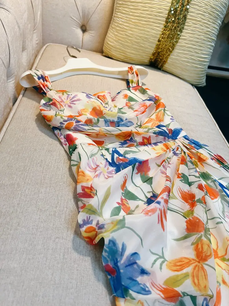 Vacay Stripe Print Cinched Waist Chiffon Floral-Embroidered Strapl Maxi Dr for Women Summer 2024 High-Waisted Fi Sc