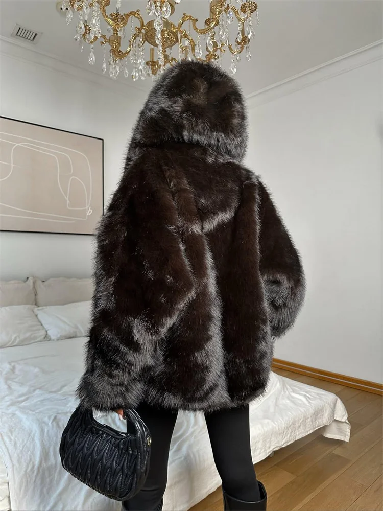 Tsiisd الشتاء موضة الدافئة الفراء ريشة أبلى هوديي سترة الشارع الشهير فضفاض الصلبة مثير رقيق معطف المرأة الفراء ريشة جديد #3