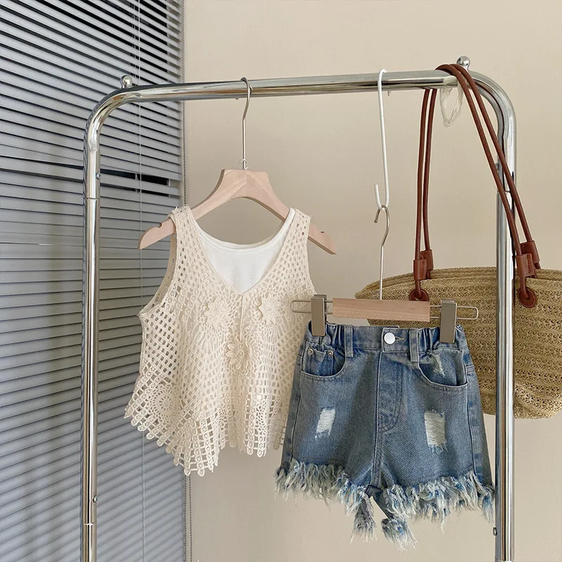 Children's Sets Little Girl's Summer Outfit Lace-Up Knit Smock Top + Frayed Denim Shorts 3-Piece  Girls Clothes Kids Clothes