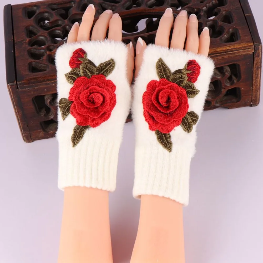 Embroidery Winter Gloves Fingerless Gloves Women Fashion Vintage Casual Ethnic Style Streetwear Keep Warm Comfortable Mittens