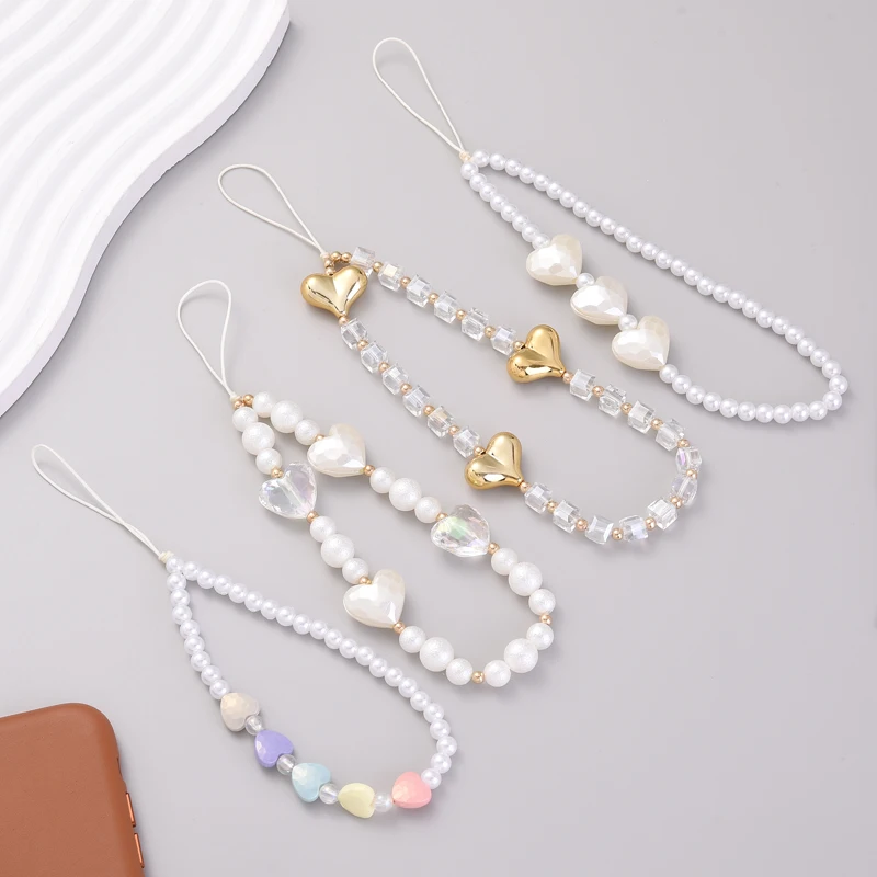 Fashion Acrylic Pearl Mobile Phone Chain Women Girls Round Heart Shape Beaded Telephone Lanyard For Anti-Loss Cellphone Jewelry