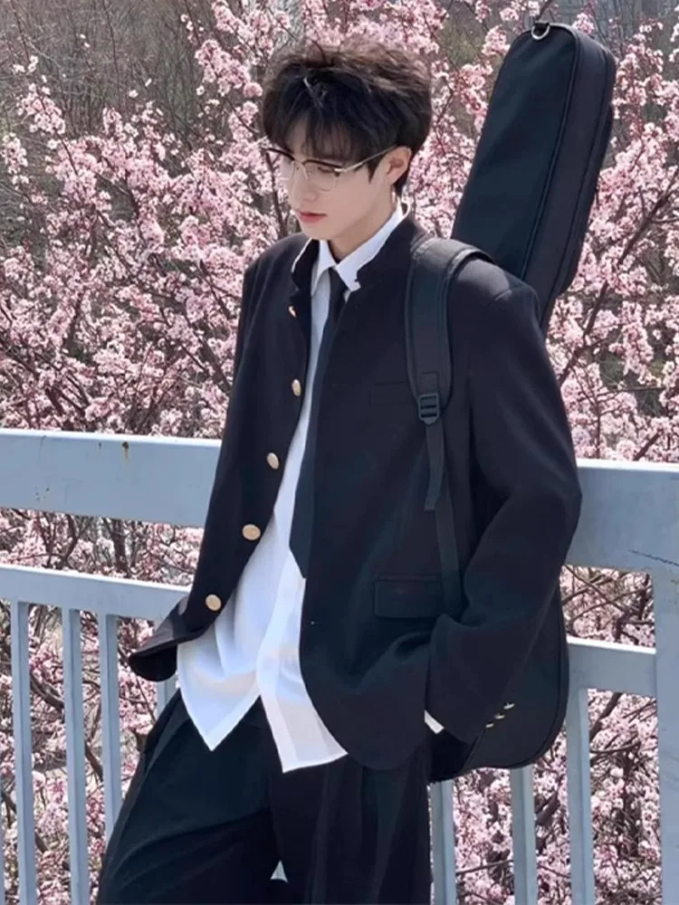 

New Chinese Sle Bla Suit Jaet Men's Spring High-End Feeling Stand Collar Zhongan Suit Small Western Sle Jaet