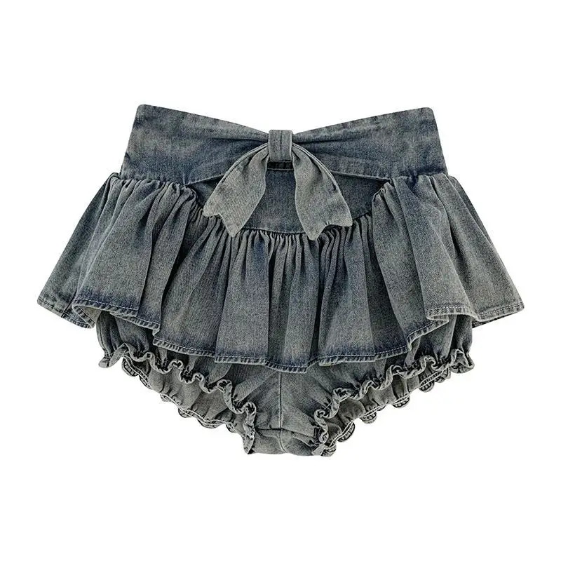 

Bowtie denim cake skirt with white drawstring, strapless strapping, waist, sweet and spicy suspender, short top, women's set