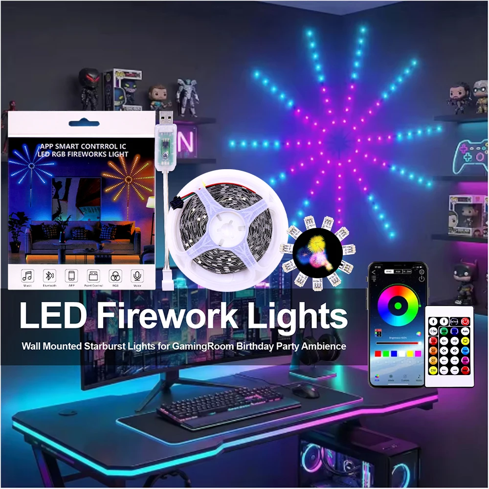 USB LED Firework Strip Lights RGBIC Remote Controlled Christmas Atmosphere Light Bluetooth APP Music Sync TV Wall Bedroom WS2812