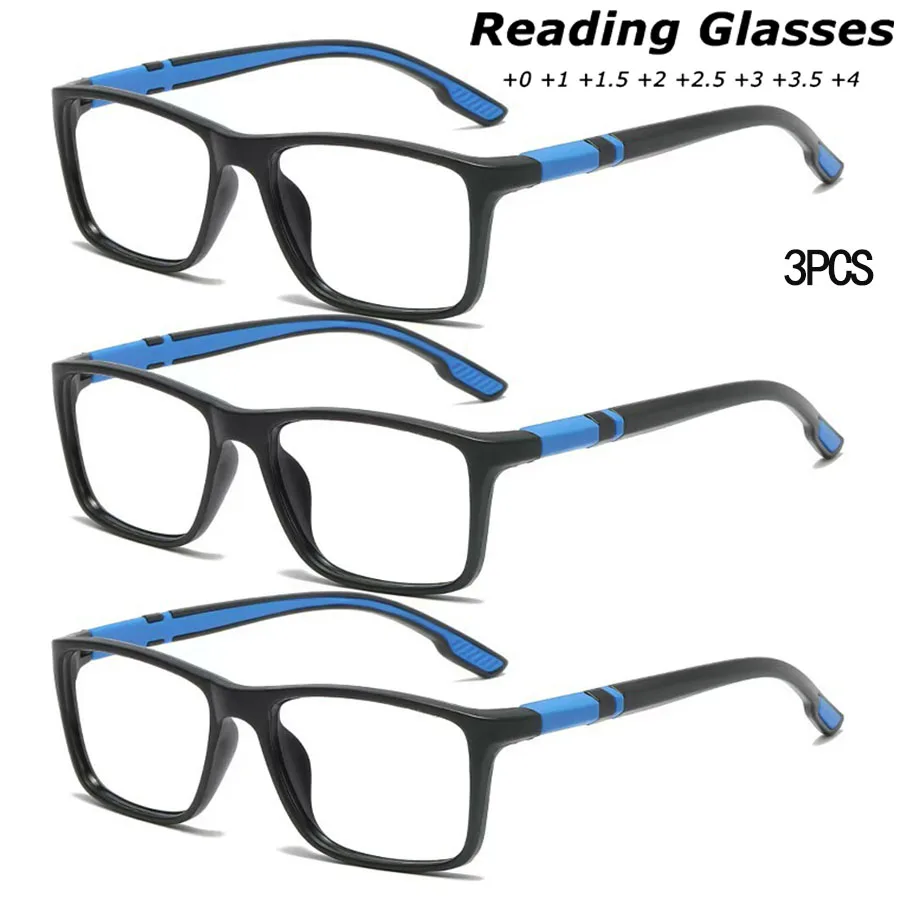 3 Stück Lesebrille für Männer und Frauen, Sport-Anti-Blaulicht-Lesebrille, Roter TR90-Rahmen, Presbyopie-Brille +100 bis +400 Dioptrien