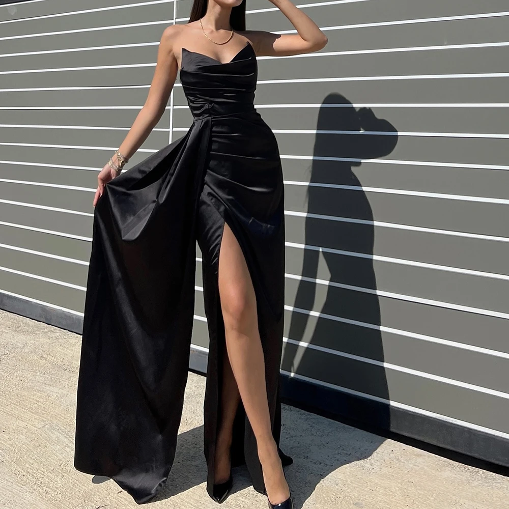 

Classic Celebrity Dress Floor Length Straight V Neck Satin Sleeveless Fashion Solid Black Panel Train Special Occasion Gowns