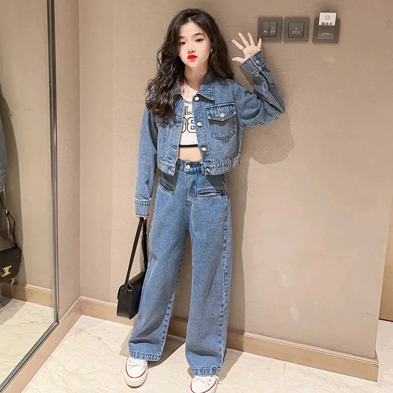 

2024 Korean Spring Autumn Children 2pcs Suit Girl Denim Cardigan Jacket Tops+Denim Wide-leg Pants Teenager Girl 2-Piece Sets