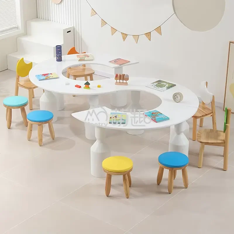 Nordic Kids Table and Chair Set White S Shape Wood Furniture for Preschool Early Education