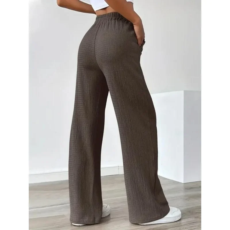 Plus size nieuwe damesmode stropdas elastische taille broek effen casual losse rechte wijde pijpen broek
