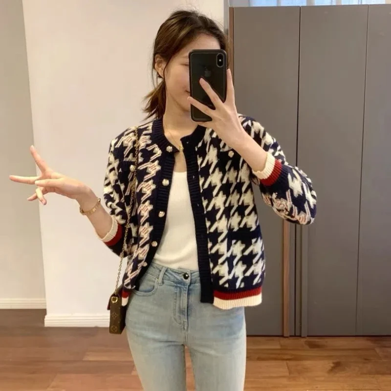 Spring and Autumn New Thousand Bird Grid Small Fragrant Style Soft and Comfortable Stylish and Slimming Sweater Jacket