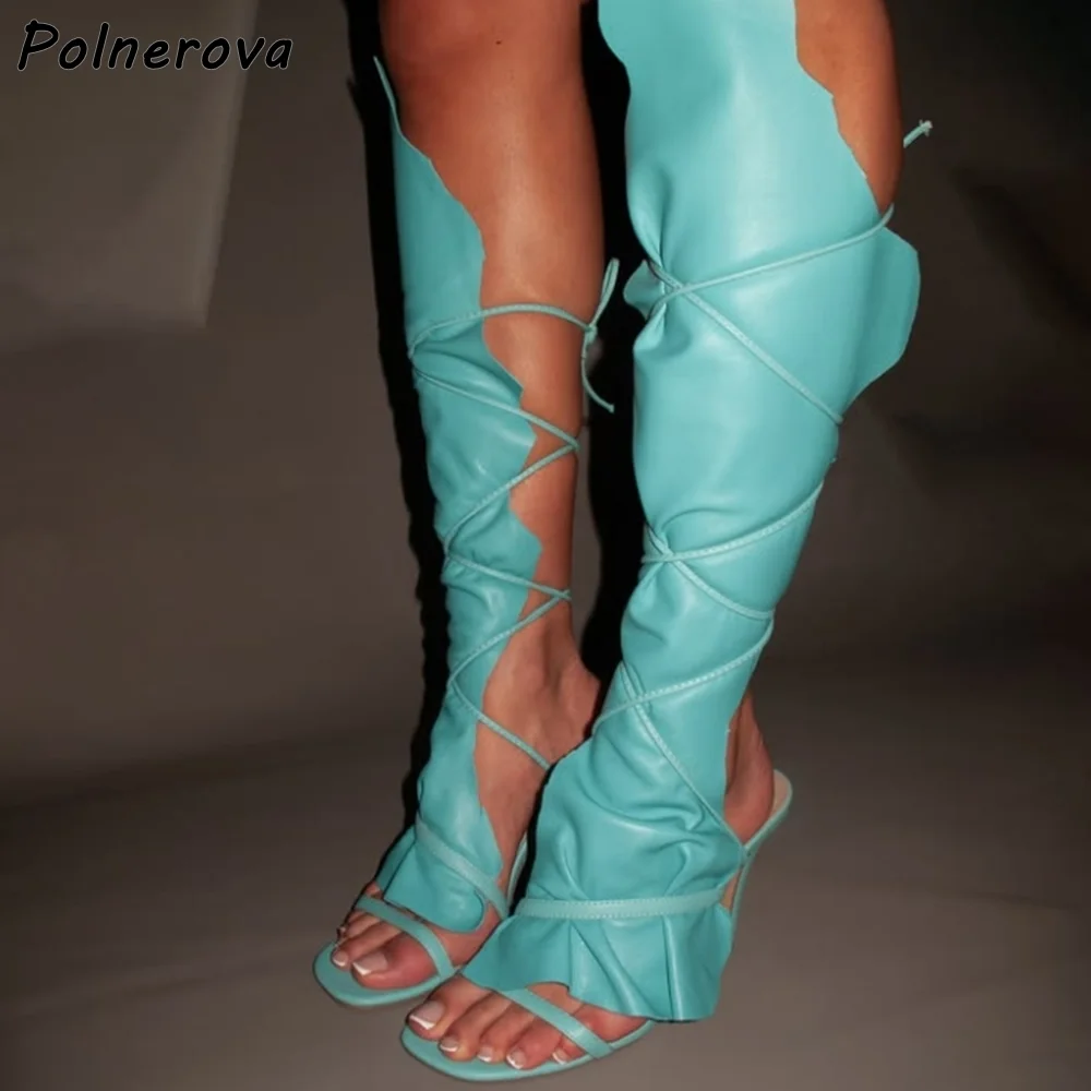 Sandalias de verano con cordones lisos, botas con correa recta, tacones finos, zapatos de tacón de aguja de cuero, sandalias sexis hasta la rodilla de aguja azules para mujer