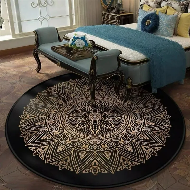 

European Vintage Black Gold Round Luxury Rug Geometric Style Pattern Rug Bedroom Bedside Cushion Chair Cushion Retro