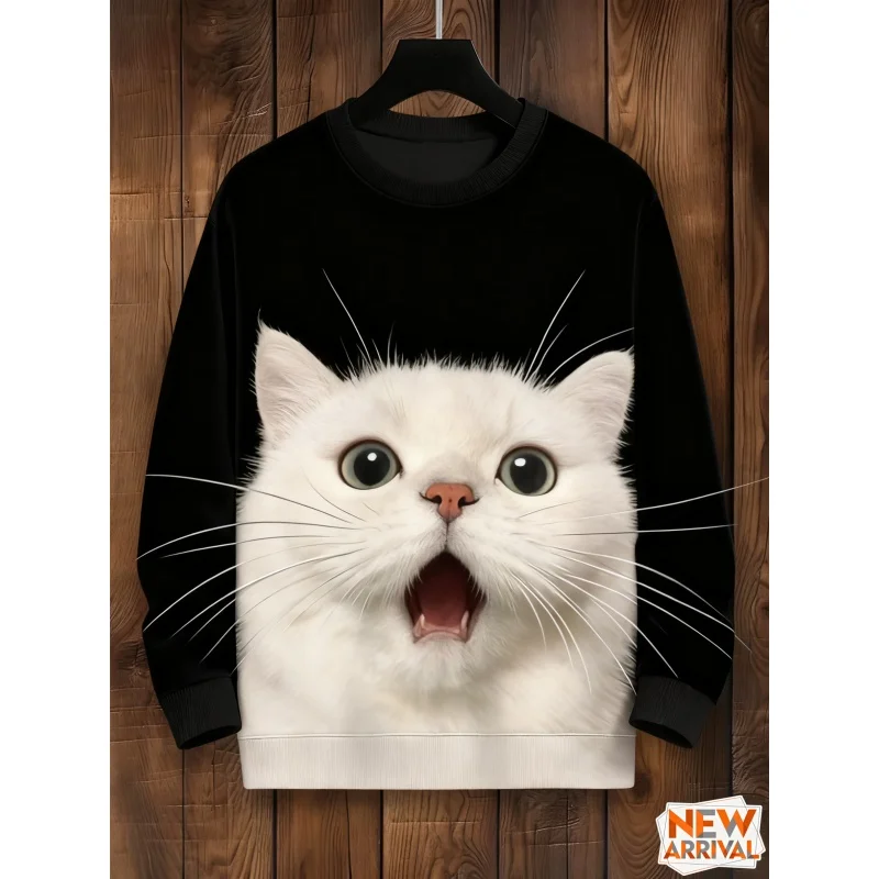 

3D Printed White Cat Portrait Sweatshirts For Men Women Art Playful Pattern Long Sleeve Tops Casual Pullover Round Neck Hoodies