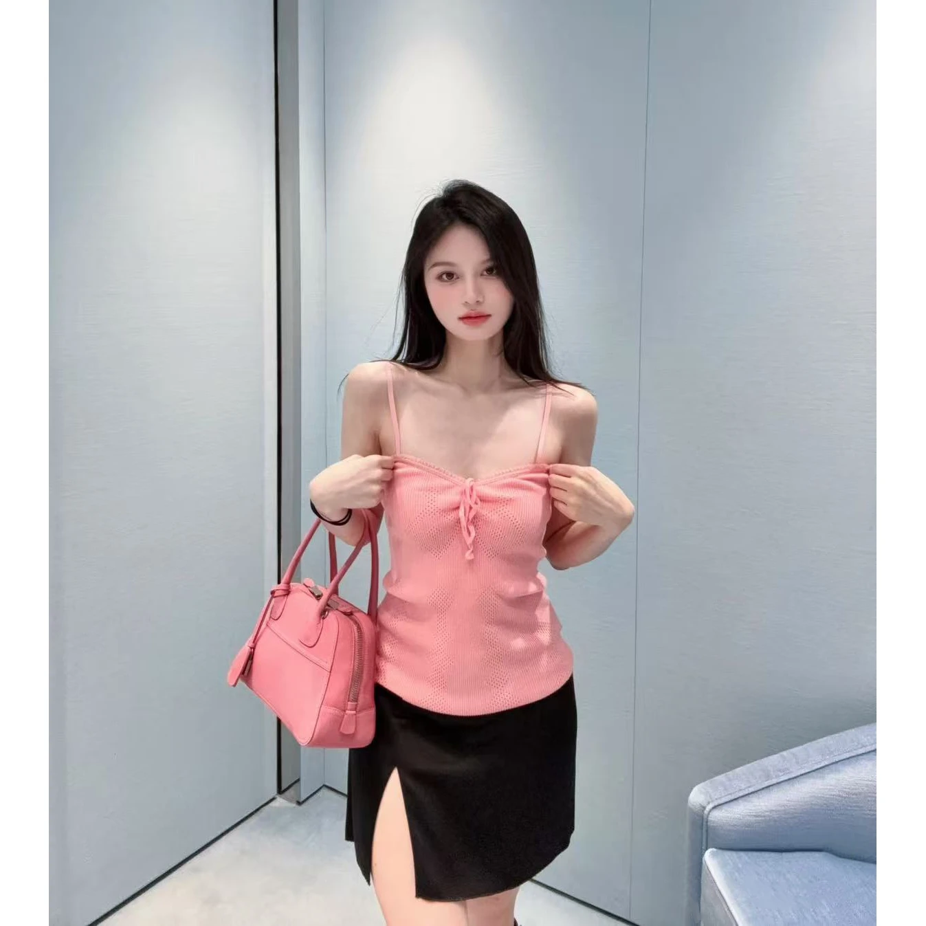 2026 Summer College Style Pure Sexy Bow Hollow Lace-up Knitted Small Sleeveless Camisole For Women