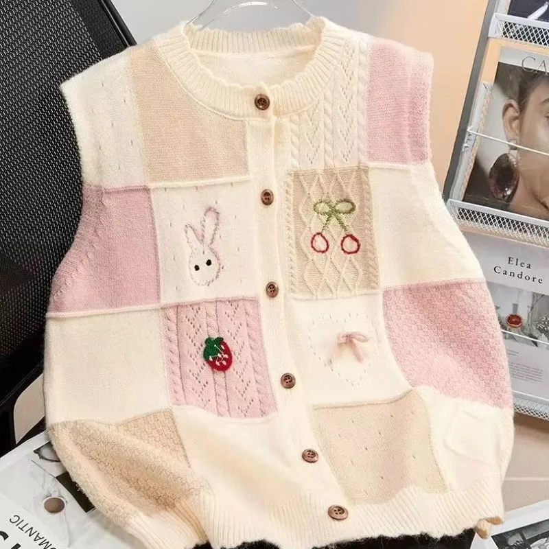 Rabbit Head Cherry Jacquard Kawaii Clothes Sweater Vest Women Cardigan Sweater Sleeveless Tank Knitwear Vests Coats Sweet Girls