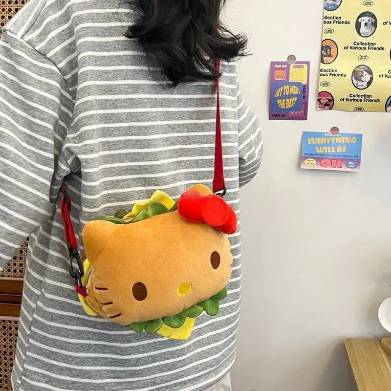 Miniso Japanese Kawaii Hello Kitty Hamburger Crossbody Bag Women Cute Cartoon Soft Plush Handbag Girl Kids Cartoon Messenger Bag