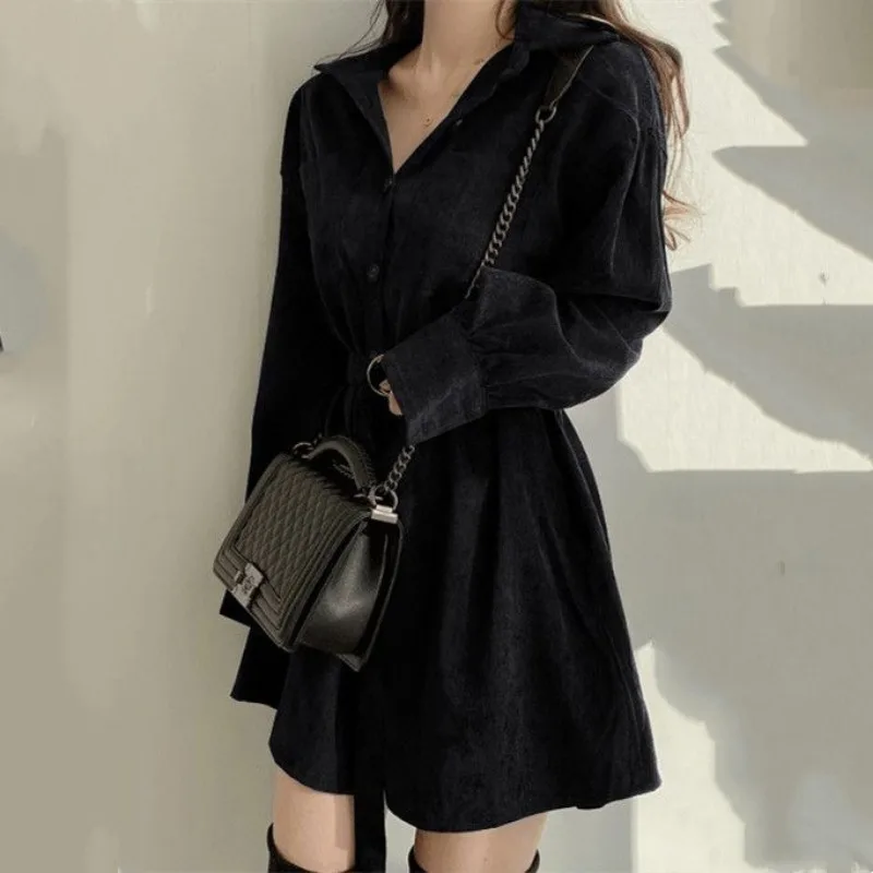 New Women's Spliced   POLO Collar Buttons Fashionable Slim Spring and Autumn Shirt Dress