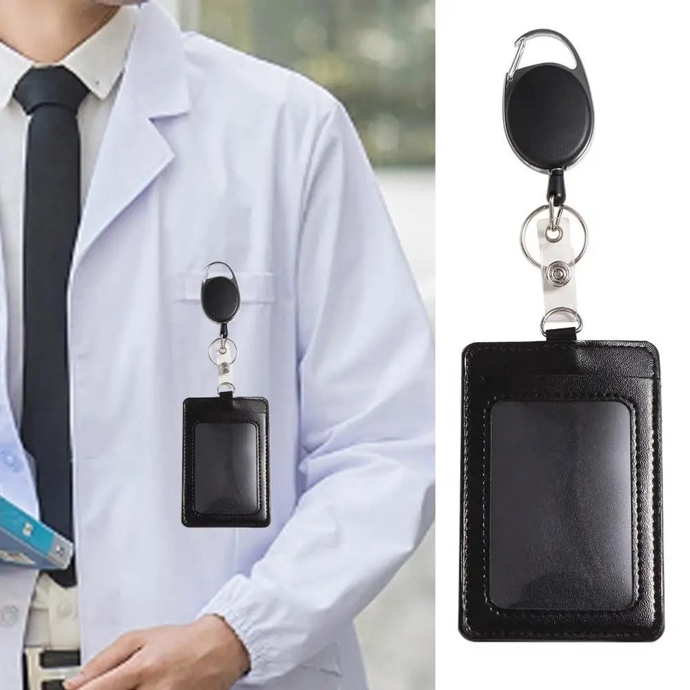 

Gift PU Leather Retractable Key Chain Card Case Black Wallet Name Card Badge Badge Holder Lanyard Badge Holder Nurse