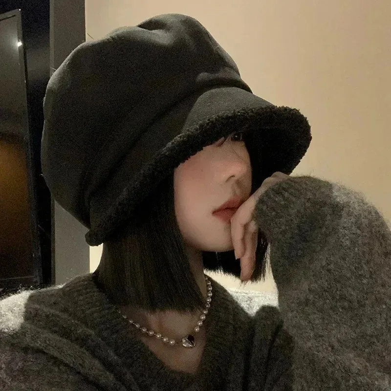 Winter Beret Hats Women Retro Solid Color Velvet Octagonal Hats Girls Thickened Warm High Quality Casual Hat Fashion Accessories