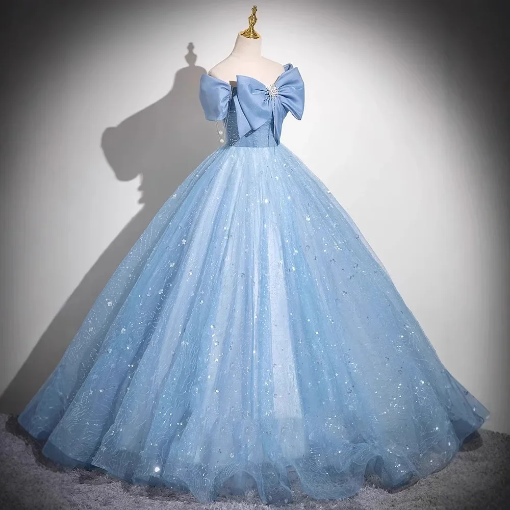 Elegant Women's Sparkling Bow Evening Dress Bule Sexy Off-Shoulder Party Birthday Dress Customized Prom Special Occasion Dresses