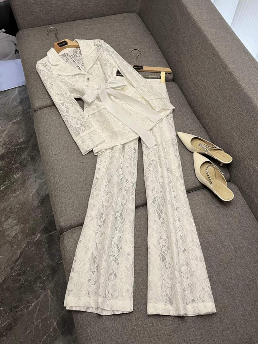 

Ele Commuter Sle Лоскутное кружево Bell Sve irt и брюки Slim Fit Комплект китайского производителя Осенняя коллекция 2025 г.