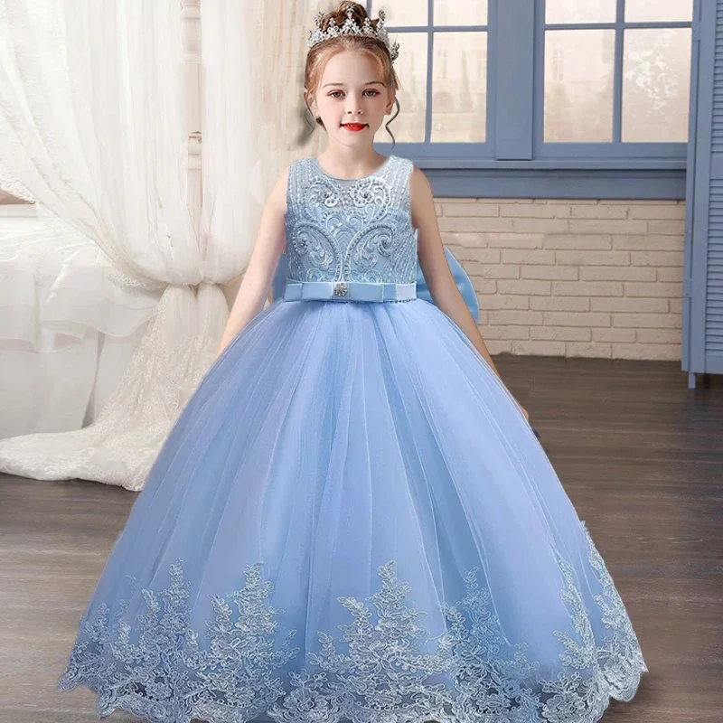 Girl\'s sequin bow princess dress 4-12 year old baby one shoulder bubble sleeve puffy dress carnival party performance costume