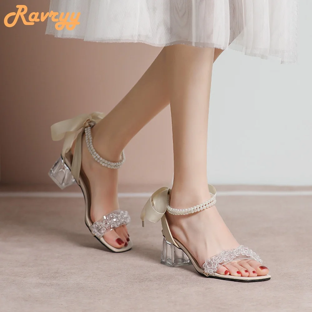 2024 New Fashion Butterfly Knot Sandals String Bead Pearl Clear Crystal Chunky Heel Sweet Shoes Square Toe Ankle Strap Sandals