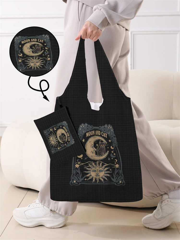 Faltbare Damen-Einkaufstasche mit Mond- und Sonnenmuster, große Einkaufstasche, faltbare Aufbewahrung, wiederverwendbar, leicht zu tragende Handtasche mit Kapazität – Detail 3