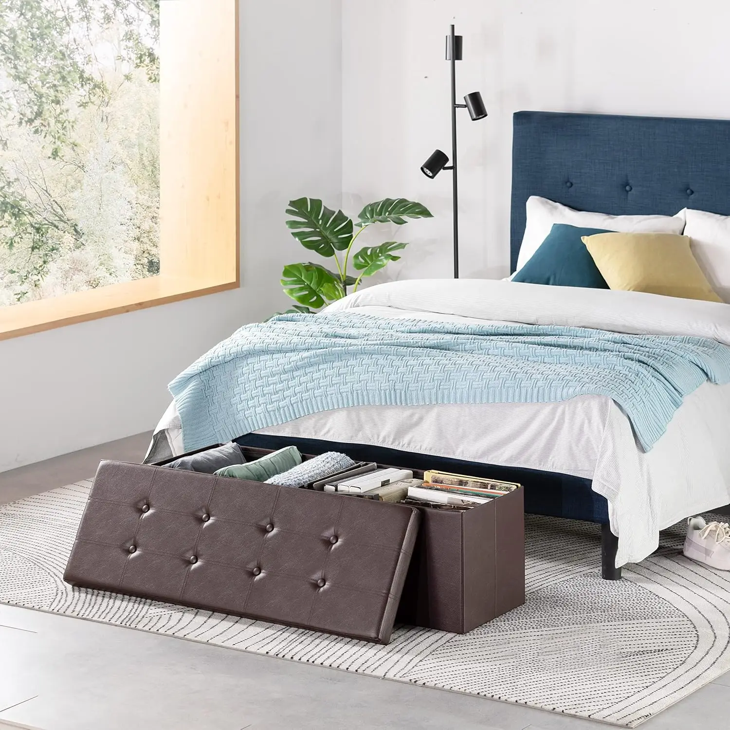 Tufted Faux Leather Folding Storage Ottoman Bench with Memory Foam Seat, Foot Rest Stool, 45 Inch, Customized