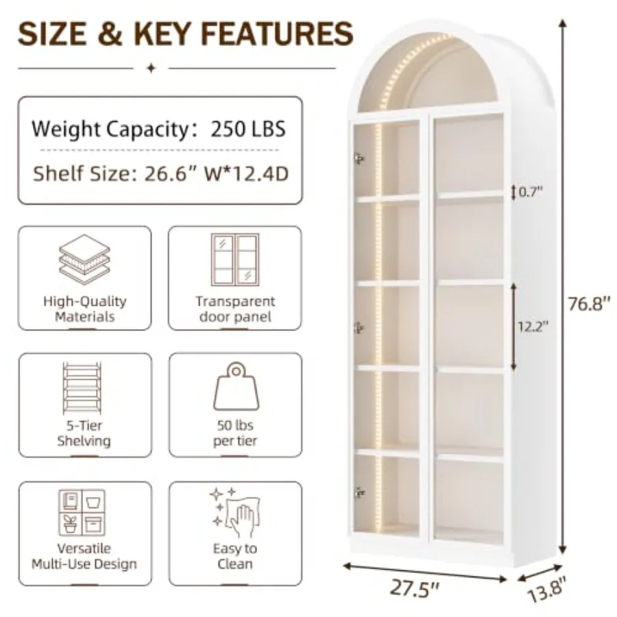 Arch display cabinet for living room office, acrylic glass door, white, 77 tall with LED light and 6-tier shelving for collecti view 2