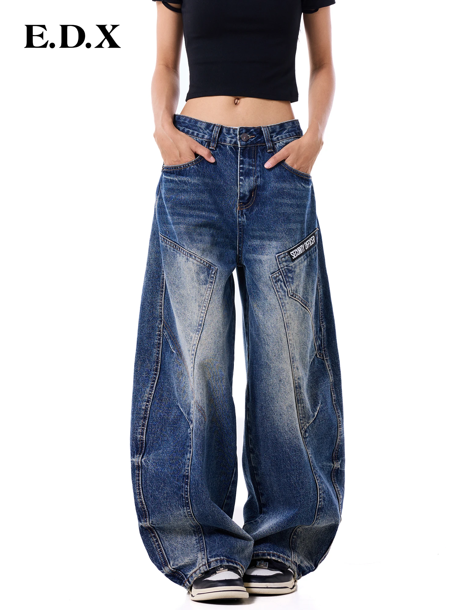 Women's Wide Leg Jeans High Waist Autumn Winter Vintage Splicing Workwear Loose Long Trousers Fashionable Knife  Design