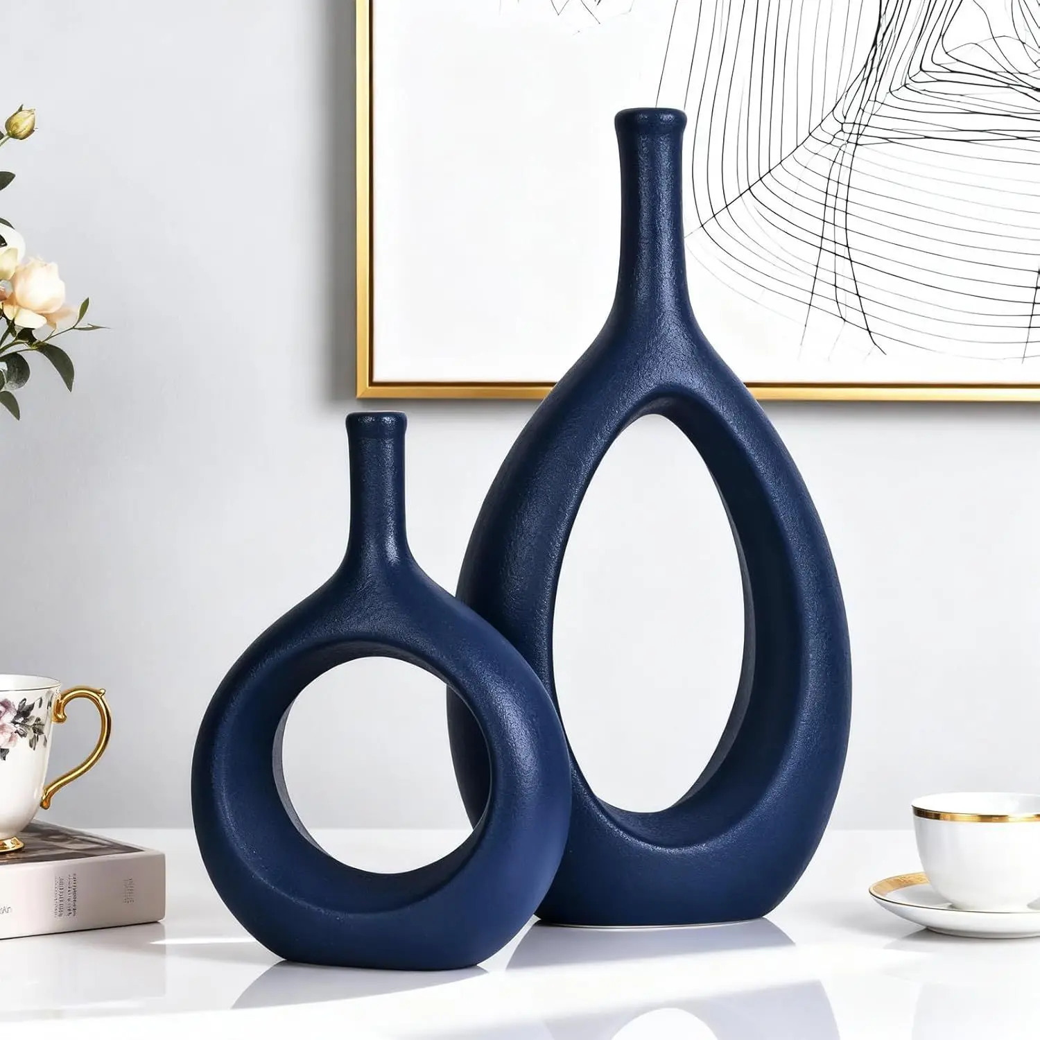 Navy Blue Ceramic Hollow Elliptical Vase Set Of 2 - Boho Circle Vase With Hole, Modern Table Decor, Living Room Shelf