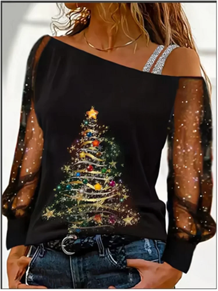 Christmas Tree Printed Pullover Women\'s Silver Shoulder Strap Slante Collar  T-shirt Street Autumn See Through Long Sleeve Top