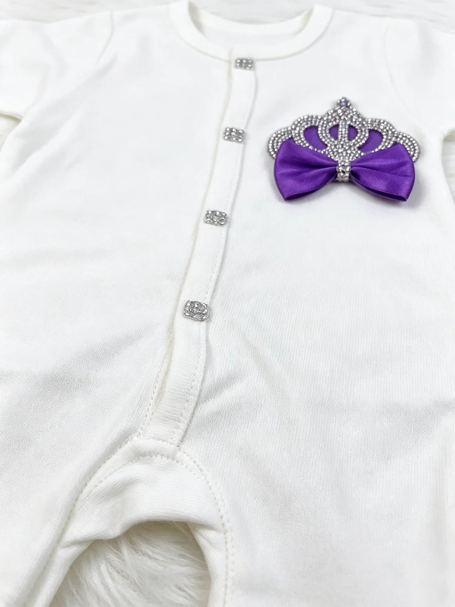 Infant Baby Girl Luxury Rhinestone Crown Romper Short Sleeve Satin Bow Jumpsuit Elegant Photoshoot Outfit Daily Wear