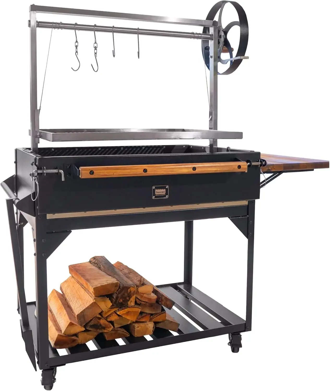Argentine Santa Maria Heritage Wood Fire & Charcoal BBQ Grill with Adjustable Grill Grates, Fire Bricks, Heavy-Duty Steel, S-Hoo