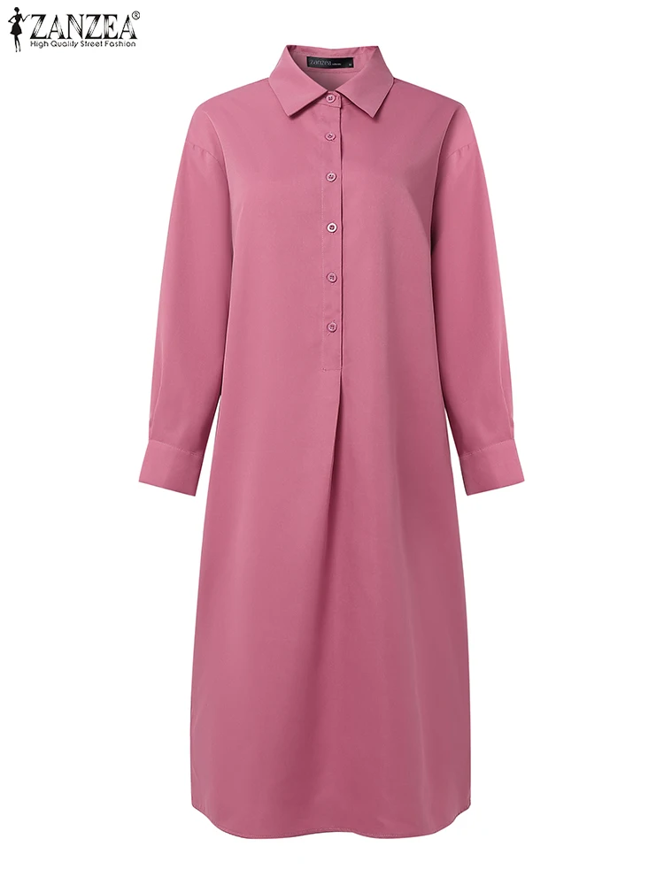 ZANZEA Damen Midi-Hemdkleid, lässig, locker, Umlegekragen, lange Ärmel, halbe Knöpfe, einfarbig, Kleid, Herbst, 3 Farben, S-3XL