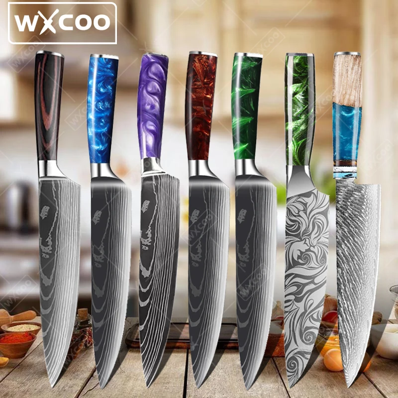 WXCOO Kitchen Knives Japanese Chef Knife Laser Damascus Pattern Ultra-Sharp Santoku Knife Cleaver Slicing Utility Fruit Cutting