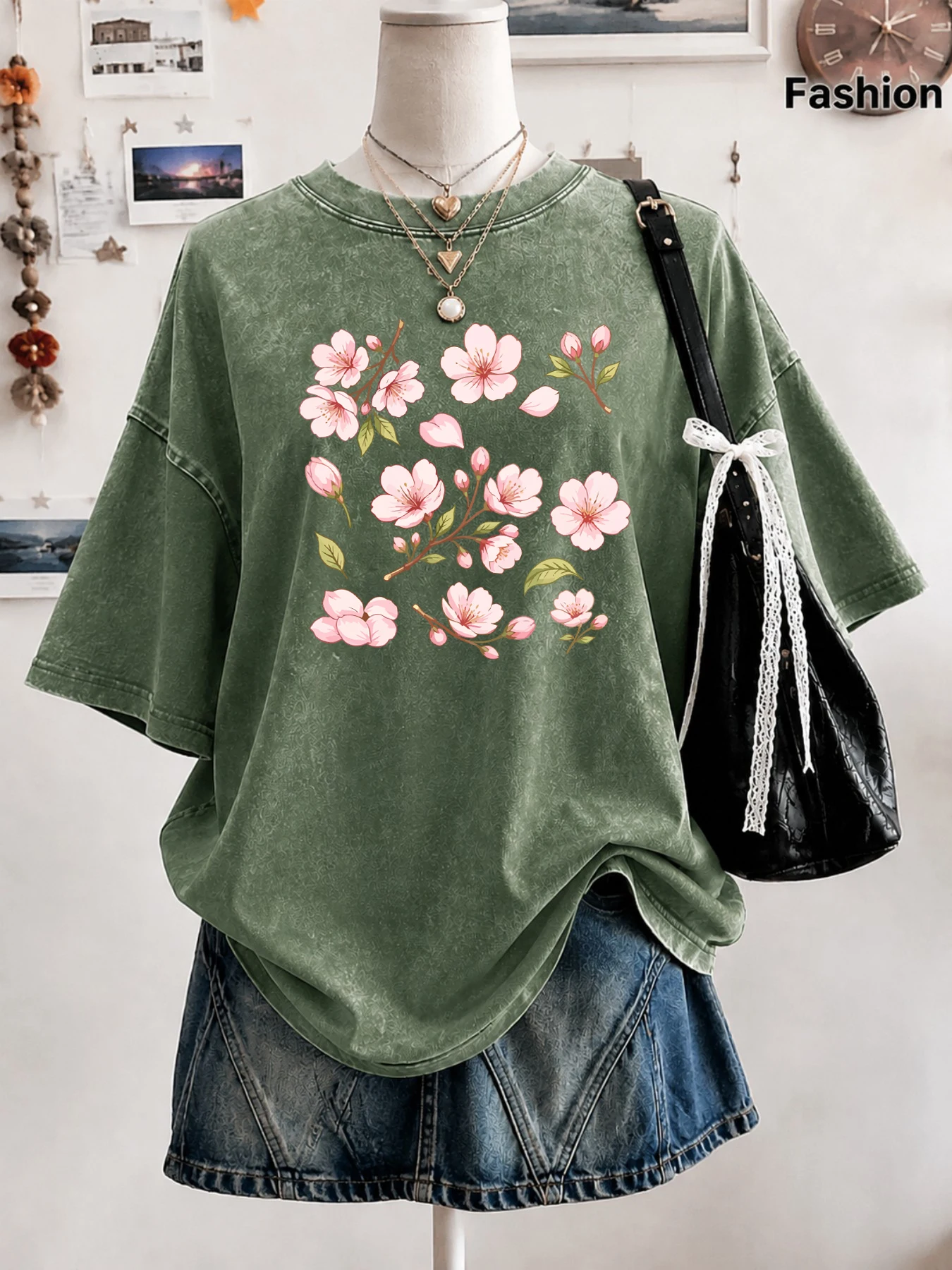 Pink Cherry Blossom Sakura Floral Print Women'S Washed T-Shirt Casual Cotton T Shirt Loose Clothes Retro Breathable Short Sleeve