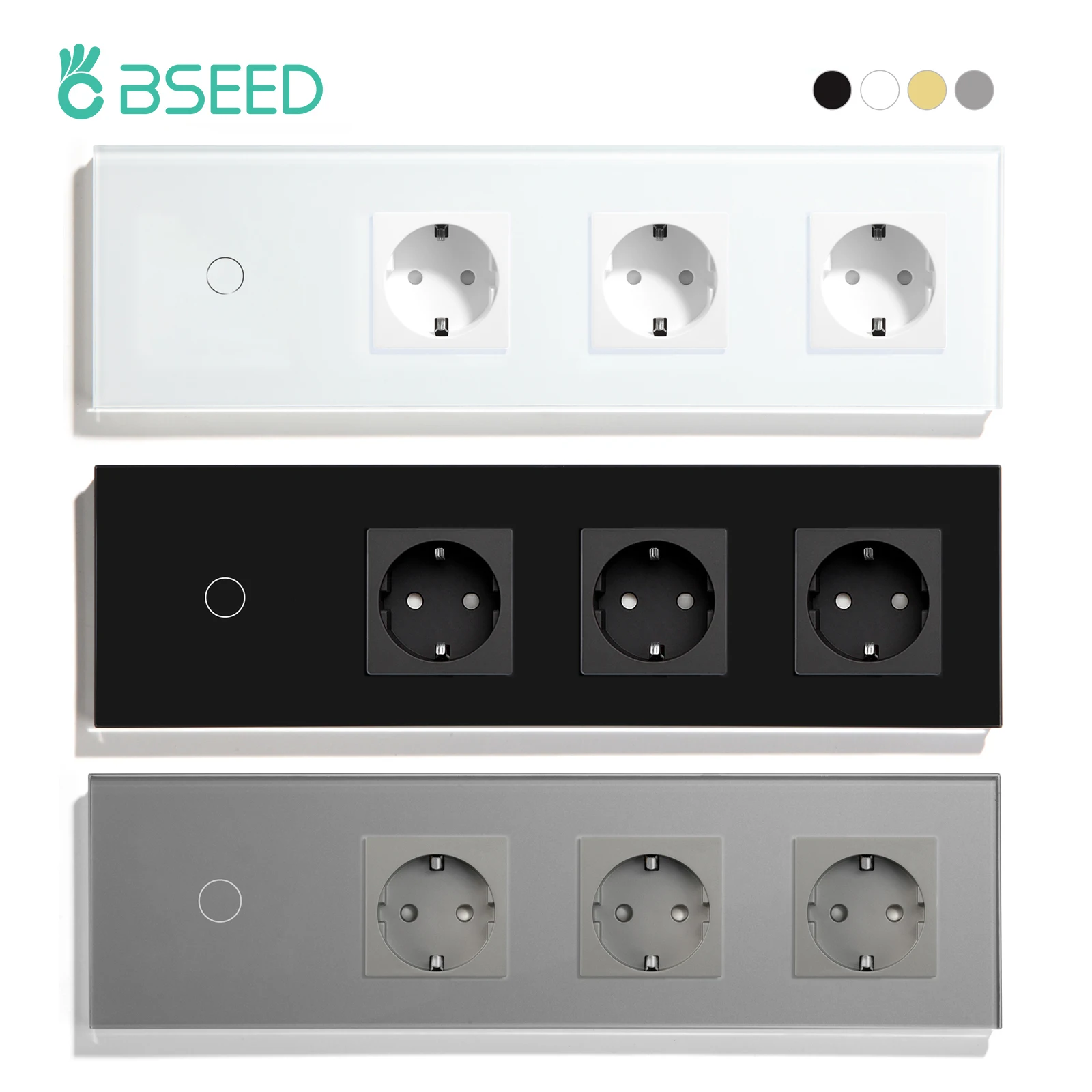 BSEED 1/2/3Gang Touch Switch 1Way Plus Triple Wall Sockets EU Standard Blue Backlight Glass Panel 299mm