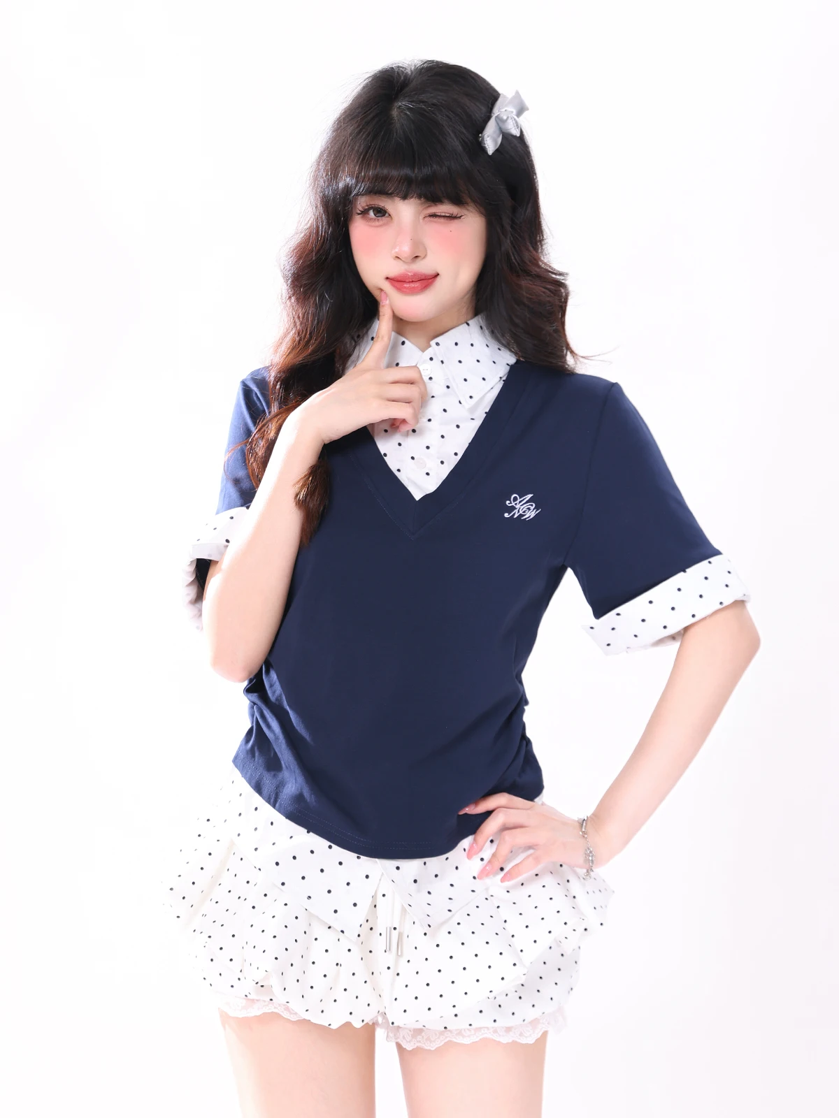 

Женская футболка ENJOG в корейском стиле с коротким рукавом, в горошек, летняя, приталенная, красивый топ, повседневный стиль, имитация двухслойности