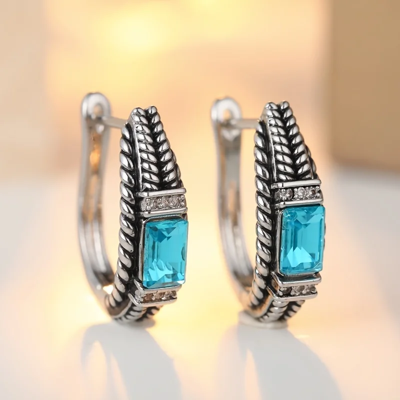1Pair of Vintage Silver Color Earring with Blue Cubic Zirconia Women Hoop Earring Suitable for Wedding Occasion Jewelry Gift