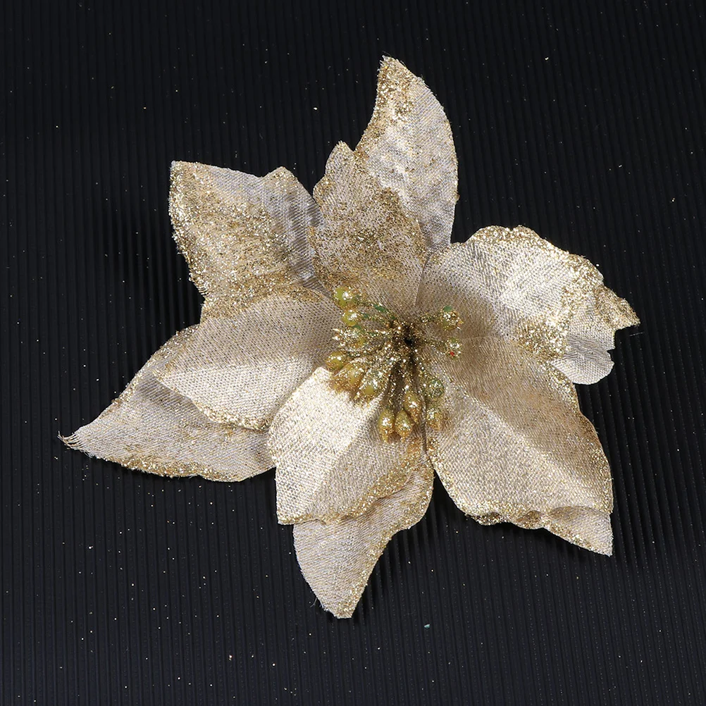 

24Pcs Christmas Flower Decoration Gold Powder Glitter Artificial Flowers for Tree Wreath Table Wedding Decorative Flowers