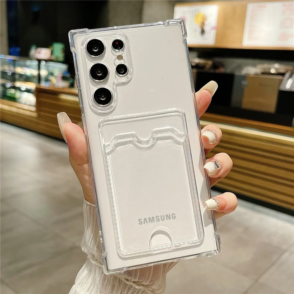 Thick Shockproof Card Bag Wallet Clear Phone Case For Samsung S24 Ultra S21 S22 S23 Fe S 24 Plus 5G Soft Corners Cover Cases image 2