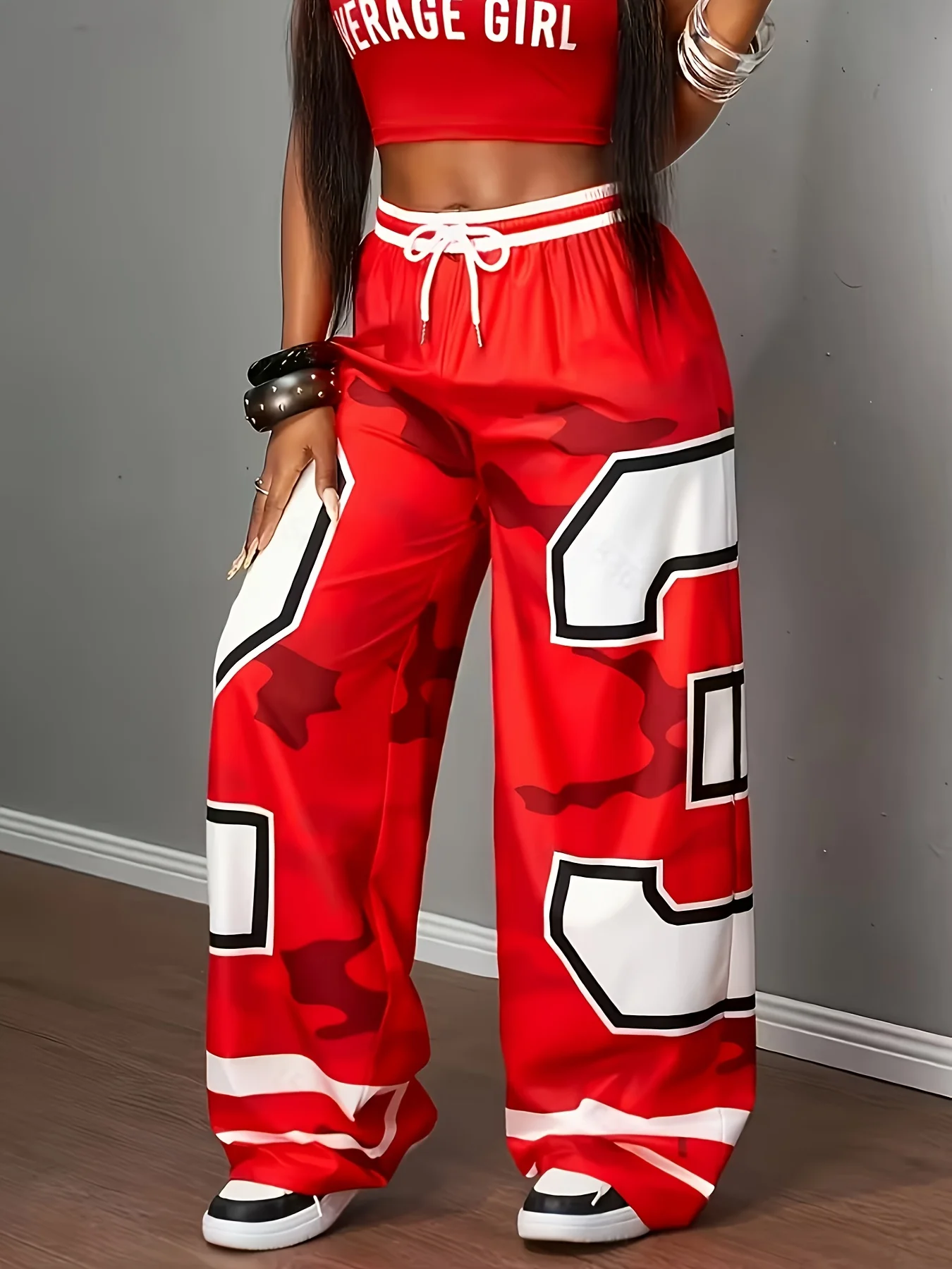 Red Camo Number Graphic Wide Leg Pants Elastic Waist Straight Leg Pants Fashion Casual Summer Streetwear for Women Lounge Pants